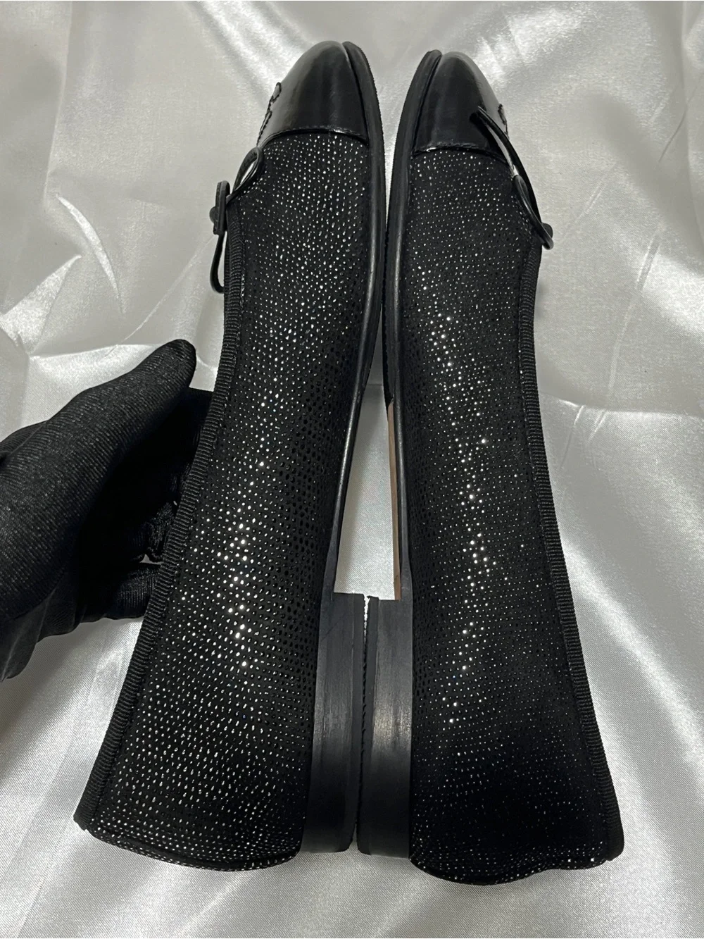 CHANEL Black Bow Cap-Toe Ballet Flats with CC Logo